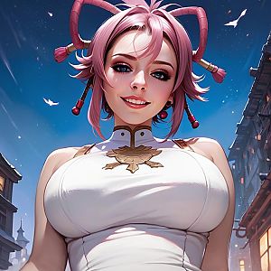 Smiling Woman with Pink Hair in Elegant Dress