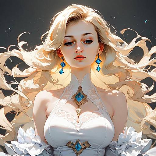 Elegant Blonde Woman with Blue Gemstone Jewelry in Anime Style Digital Art