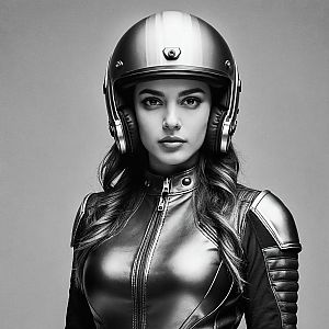 Confident Woman in Metallic Helmet and Leather Jacket