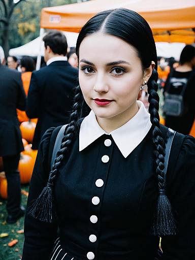 Woman in Wednesday Addams Costume Candid Cosplay Portrait at Halloween