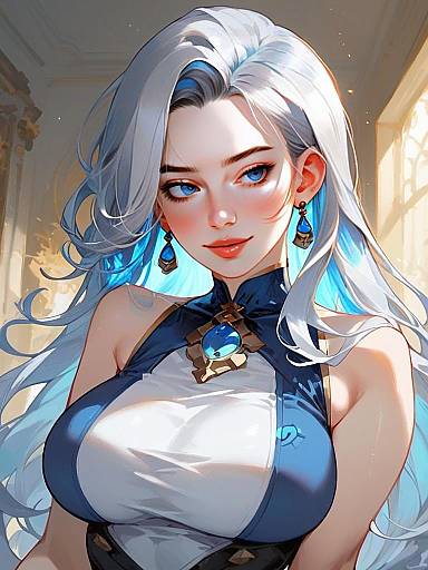 Anime Style Portrait of Woman with Silver Hair and Blue Eyes Wearing Blue and White Outfit