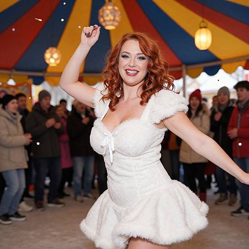 Red-Haired Woman Dancing under Colorful Tent at Outdoor Winter Event