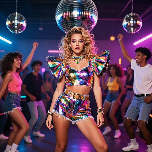 Trendy Gen Z Woman in Rainbow Sequin Outfit at Vibrant Disco Party