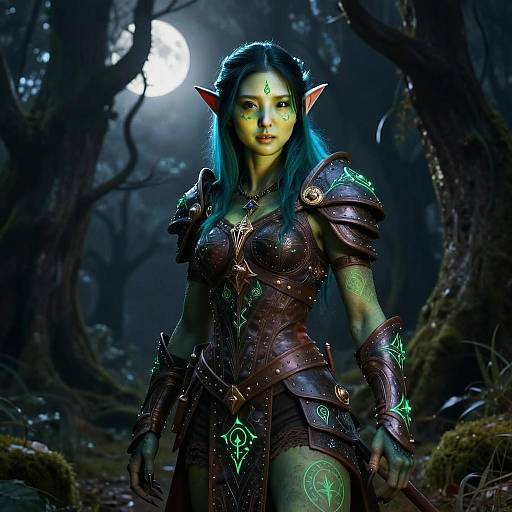 Fantasy Elf Warrior Woman in Glowing Armor in Enchanted Forest