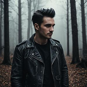 Young Man in Black Leather Jacket in Foggy Forest