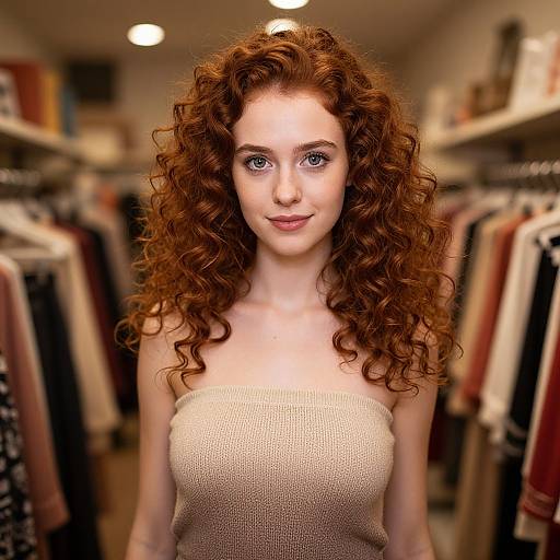 Portrait of Woman with Curly Red Hair in Boutique Clothing Store