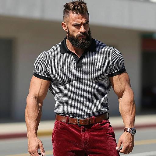 Muscular Man Wearing Houndstooth Polo and Red Pants Outdoors