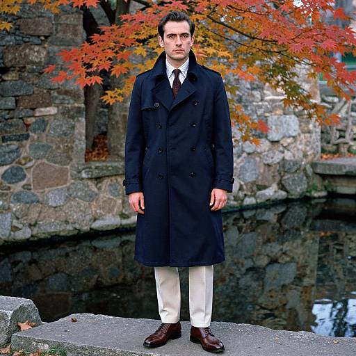 Man in Navy Trench Coat Standing by Autumn Pond with Stone Wall