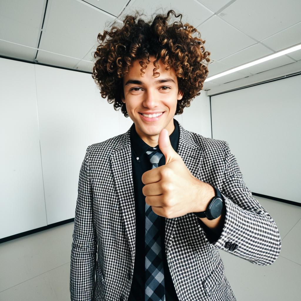 Confident Young Man in Checkered Blazer Giving Thumbs Up Gesture