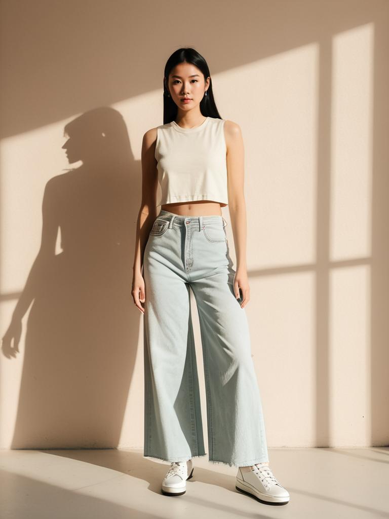 Woman in Casual Streetwear White Cropped Tank Top and Wide-Leg Jeans