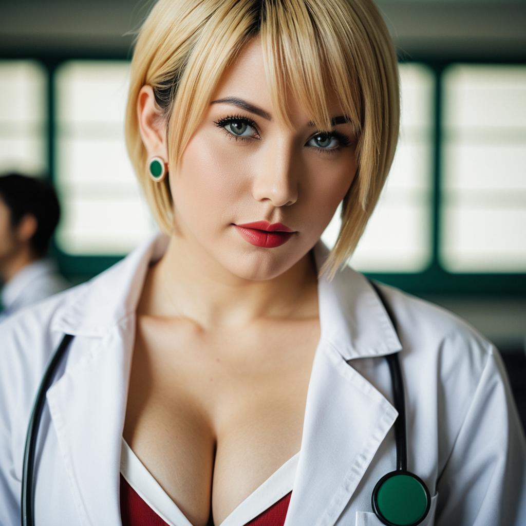 Blonde Woman Doctor in White Coat with Stethoscope Realistic Portrait