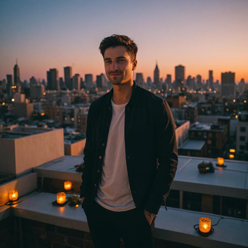 Man on Rooftop at Sunset with Cityscape