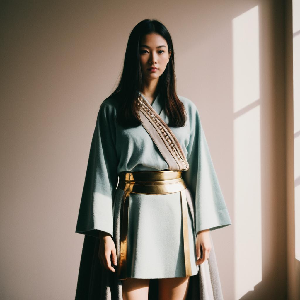 Woman Wearing Modern Asian-Inspired Pastel Dress with Gold Metallic Belt
