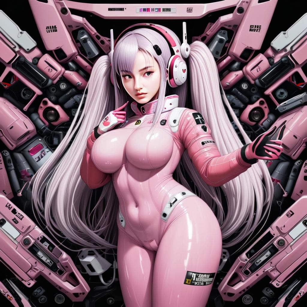 Anime Girl in Pink Futuristic Bodysuit with Mechanical Backdrop
