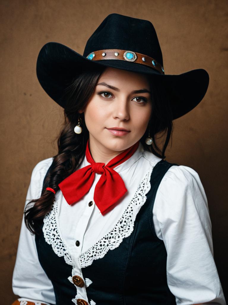 Woman in Cowgirl Fancy Dress Costume Professional Cosplay Studio Portrait