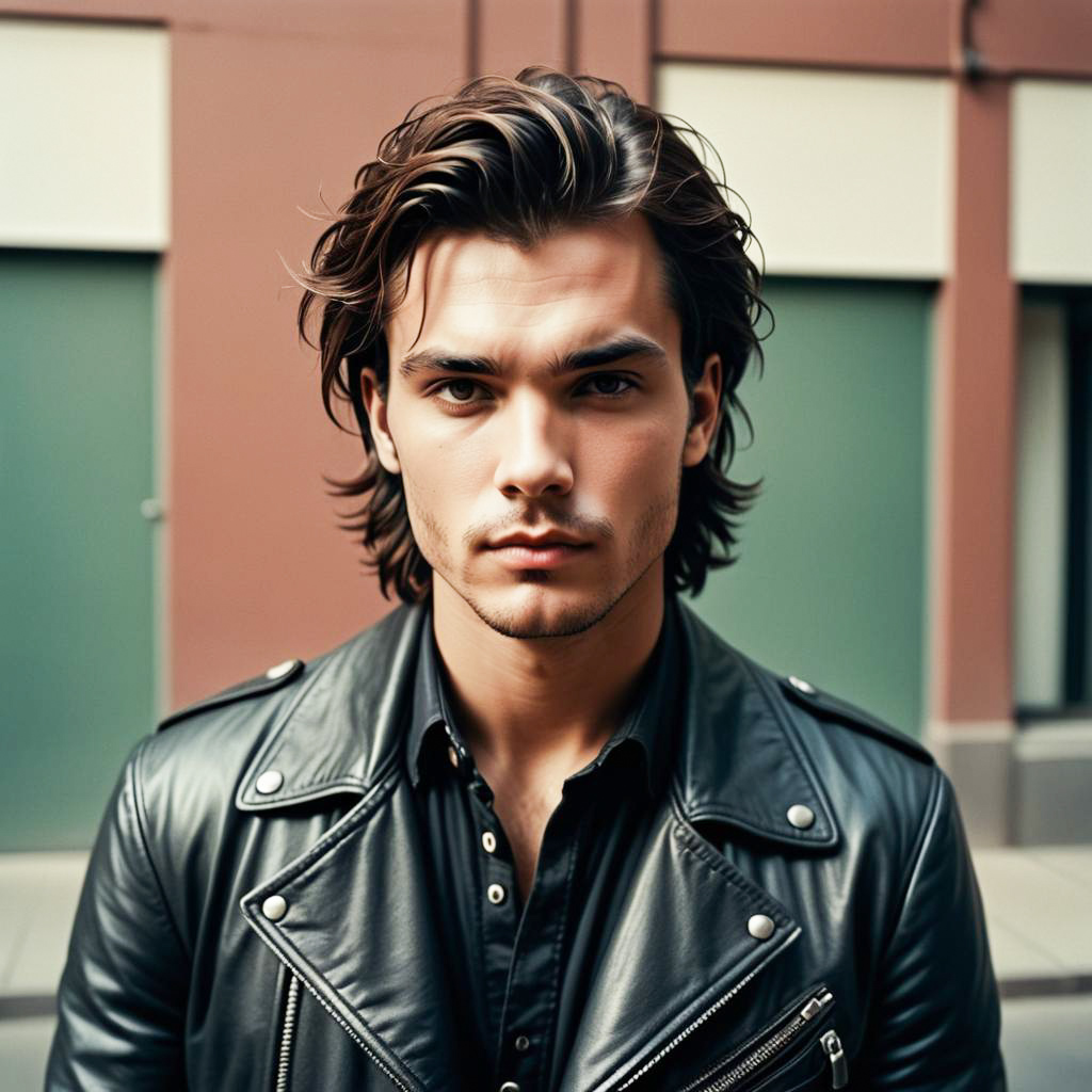 Confident Young Man in Black Leather Jacket