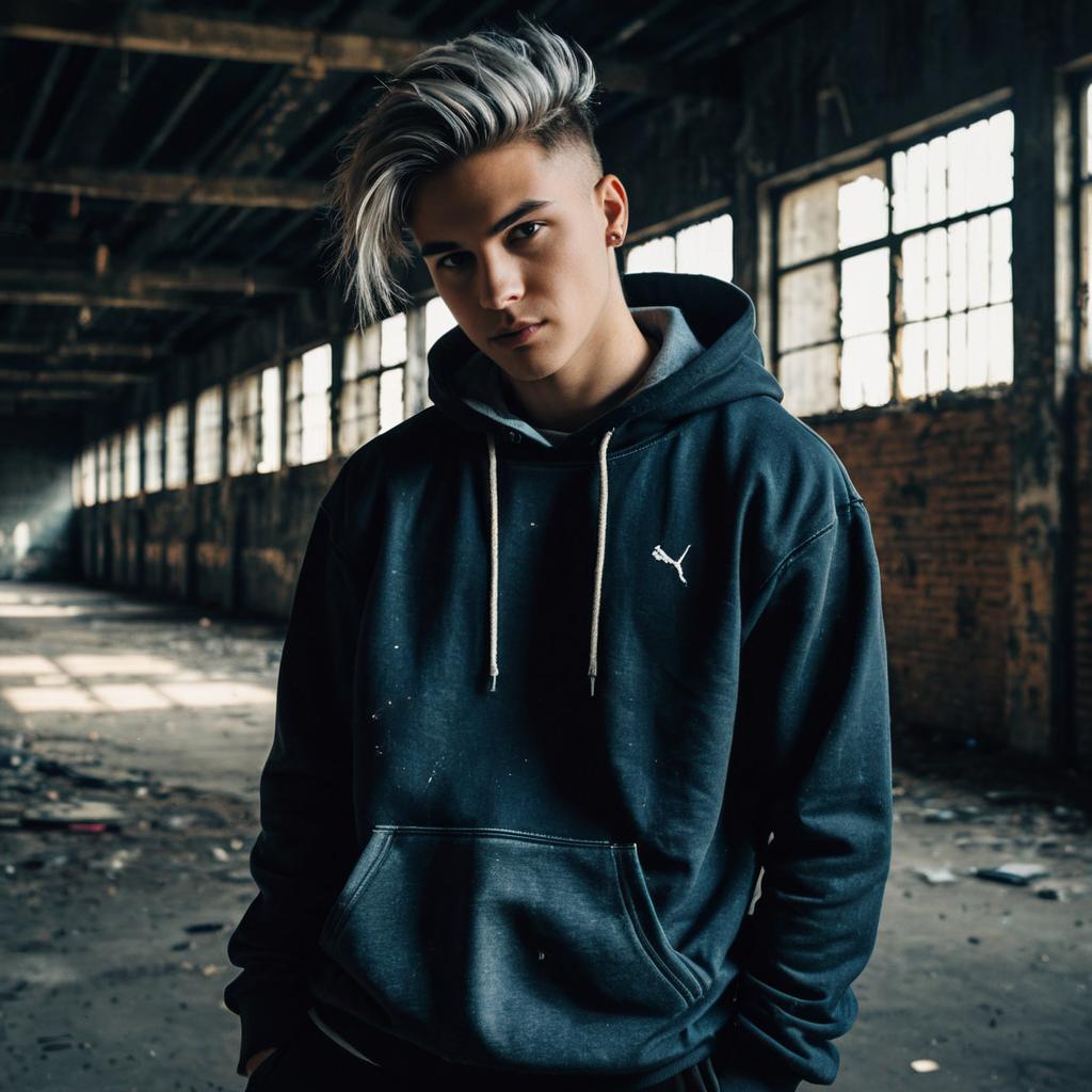 Edgy Young Man with Silver Hair in Urban Abandoned Warehouse