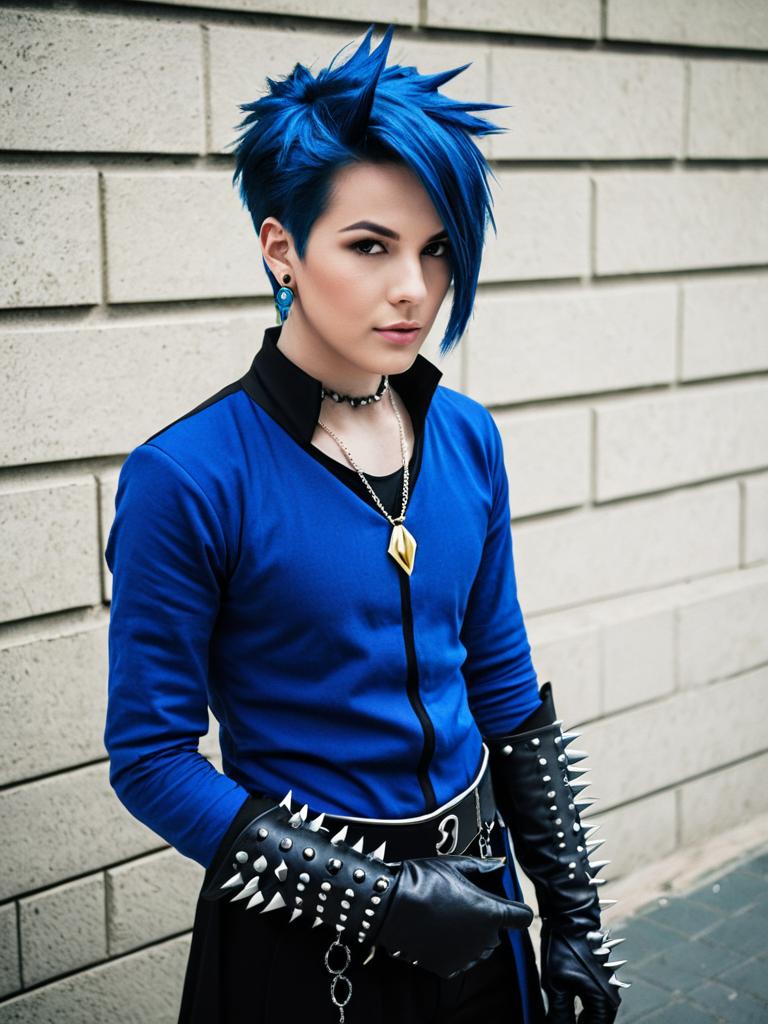 Stylish Man with Blue Spiked Hair and Punk Rock Accessories