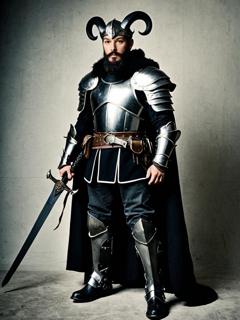 Medieval Knight in Horned Helmet Armor with Sword and Black Cape
