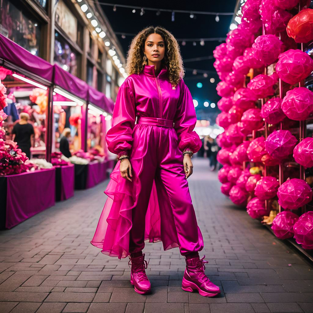 Stylish Woman in Bold Pink Outfit at Vibrant Market