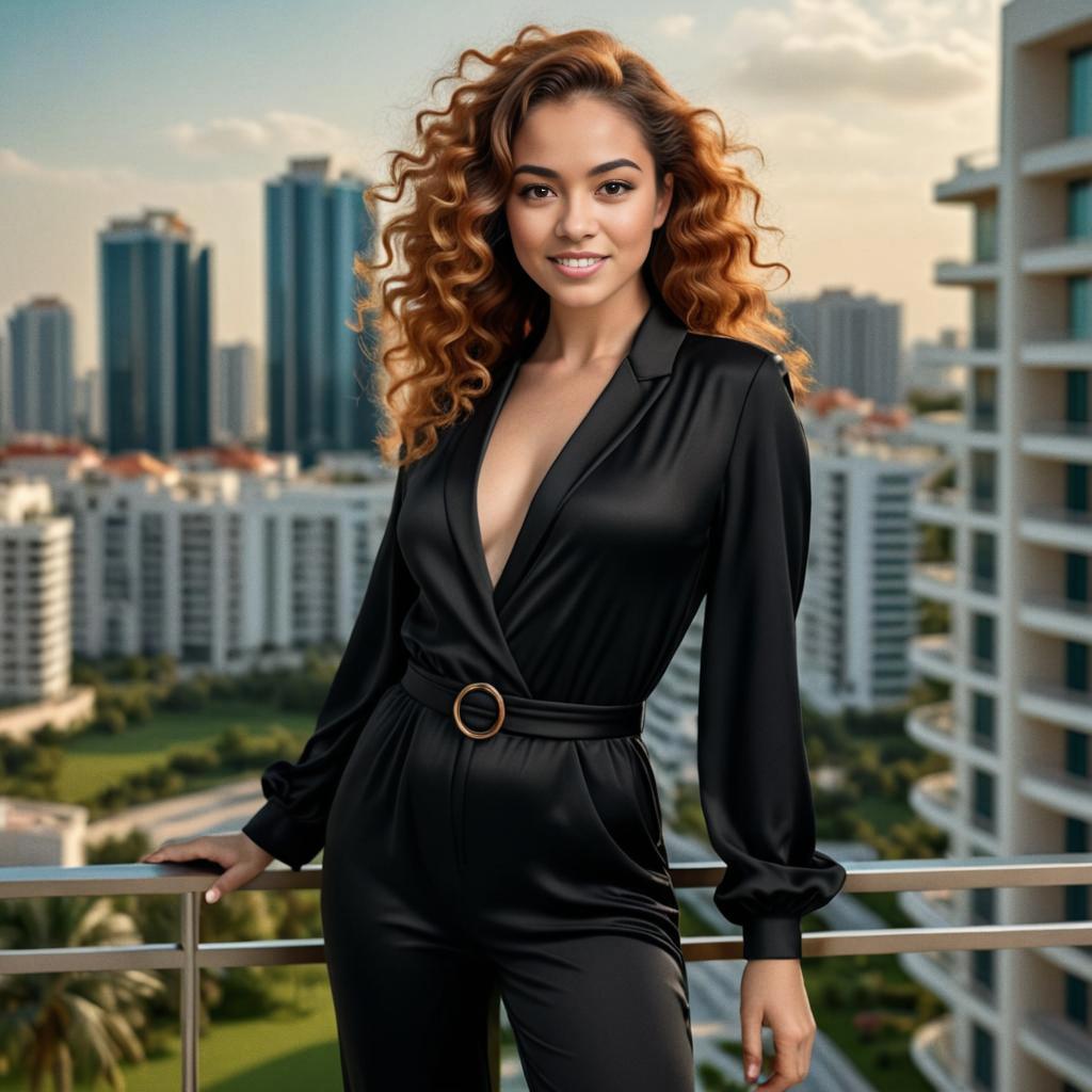 Elegant Woman in Black Jumpsuit Overlooking Cityscape