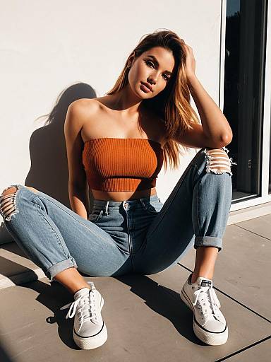 Trendy Young Woman in Ripped Jeans and Strapless Top Sitting Outdoors