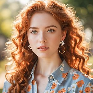 Young woman with curly red hair in floral blouse
