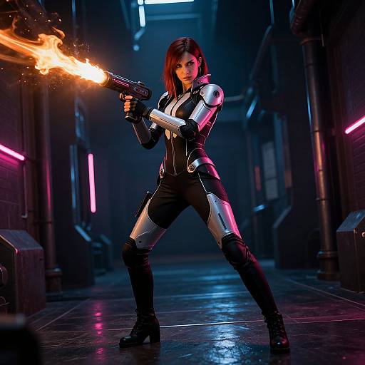 Futuristic Woman in Cyberpunk Armor Firing Weapon in Neon-Lit Corridor