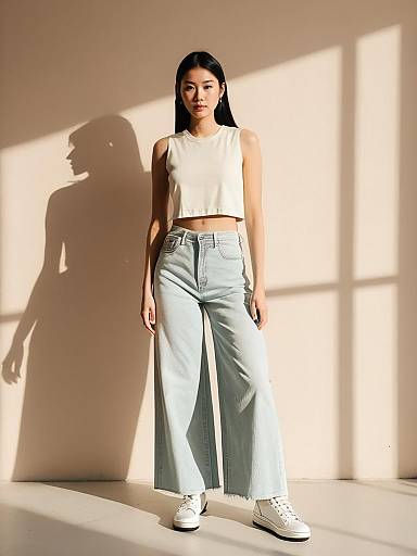 Woman in Casual Streetwear White Cropped Tank Top and Wide-Leg Jeans