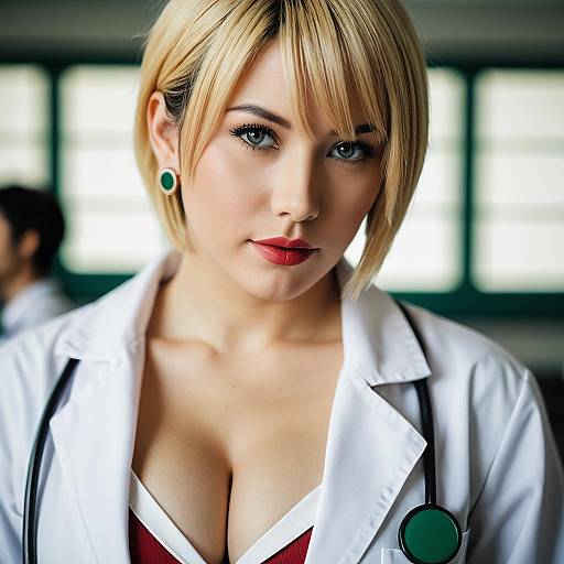 Blonde Woman Doctor in White Coat with Stethoscope Realistic Portrait