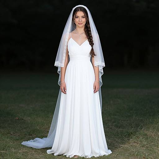 Young Bride in Classic White Wedding Dress with Lace Veil Outdoors