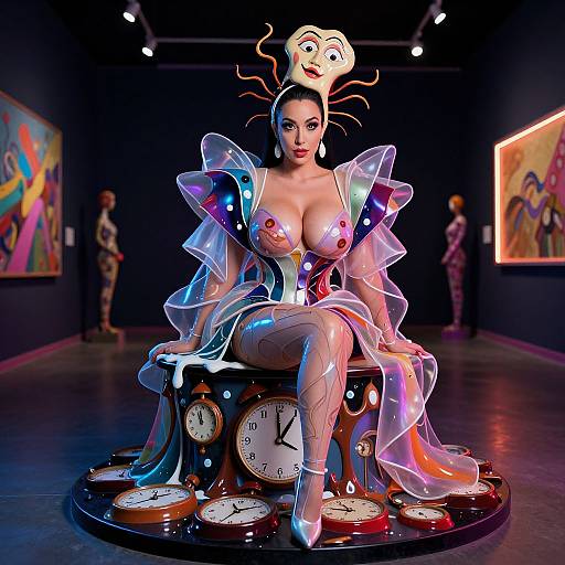 Woman in Futuristic Surrealist Costume Sitting on Clock Platform in Art Gallery
