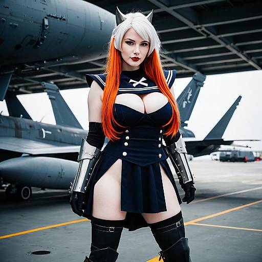 Cosplay Woman in Navy Blue Outfit on Aircraft Carrier with Fighter Jets