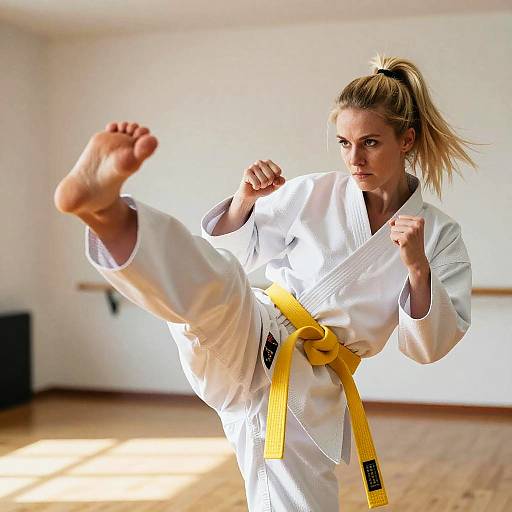 Focused Woman Practicing Karate High Kick in Dojo with Yellow Belt