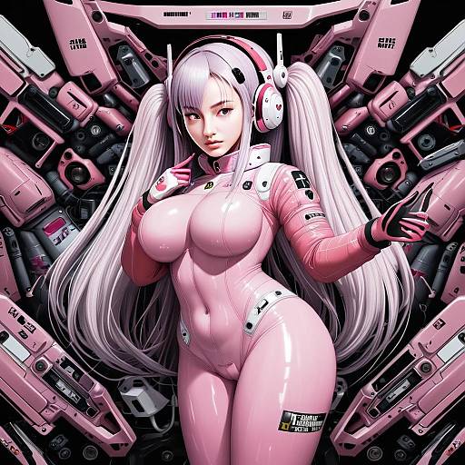 Anime Girl in Pink Futuristic Bodysuit with Mechanical Backdrop