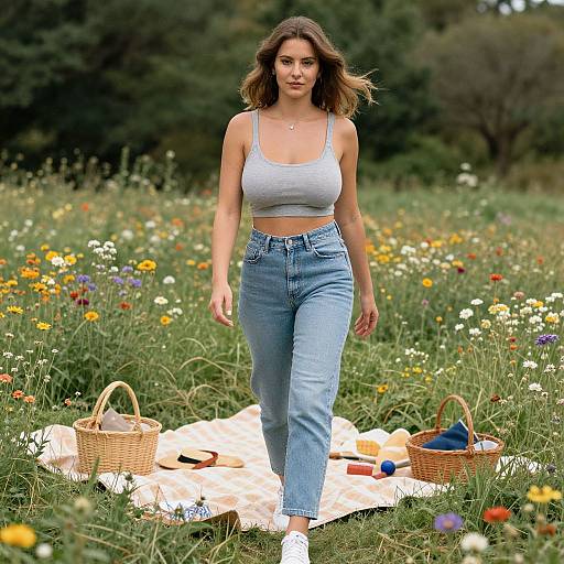 Young Woman Walking in Wildflower Meadow by Picnic Setup