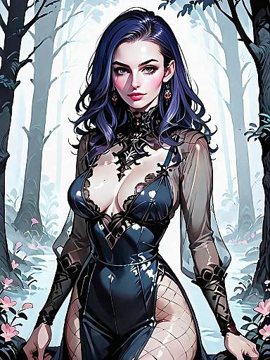 Dark Fantasy Woman in Medieval Outfit Standing in Foggy Forest Illustration