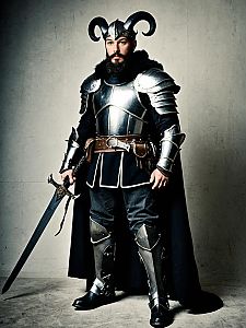 Medieval Knight in Horned Helmet Armor with Sword and Black Cape