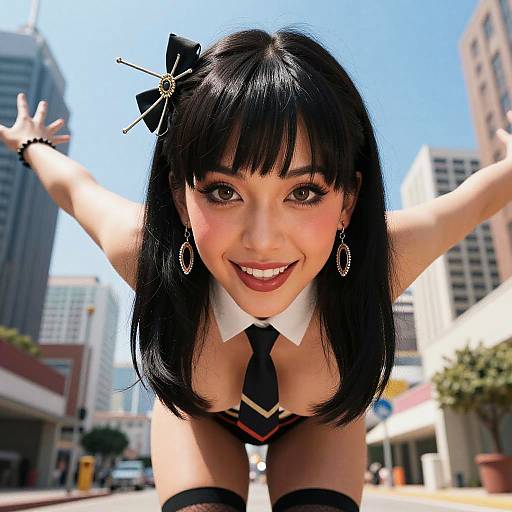 Confident Young Woman in Stylish Tie Outfit in Urban Cityscape