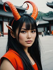Woman with Orange Horns and Elf Ears in Traditional Asian Setting