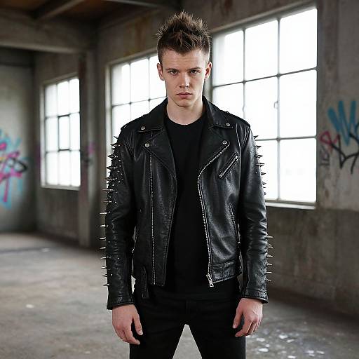 Young Man in Spiked Leather Jacket Standing in Urban Warehouse