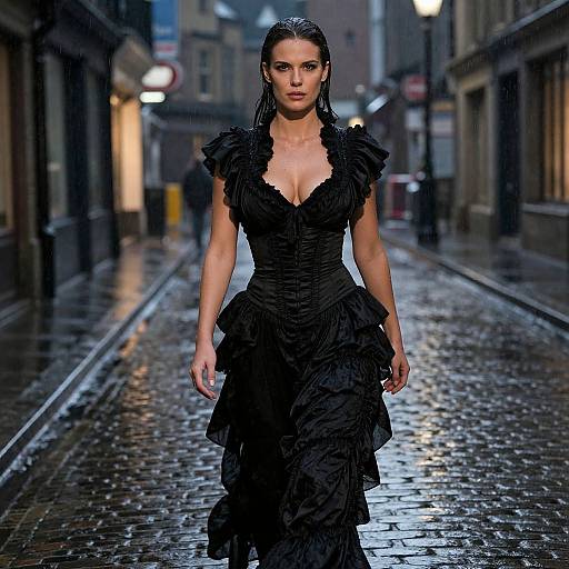 Woman in Black Victorian Gothic Dress Walking on Wet Cobblestone Street