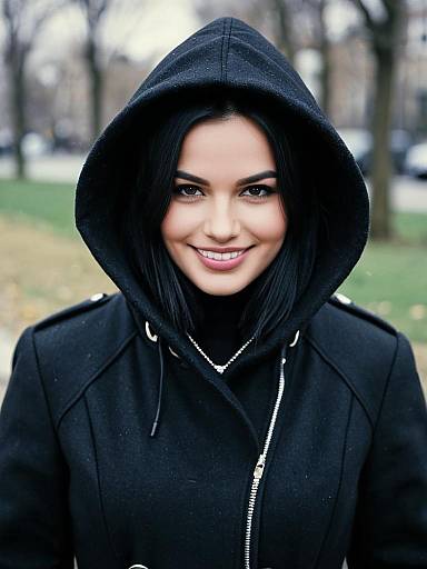 Woman in Strange Black Hooded Coat Outdoors Realistic Portrait