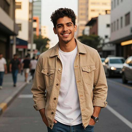 Smiling Young Man in Beige Jacket on Urban Street