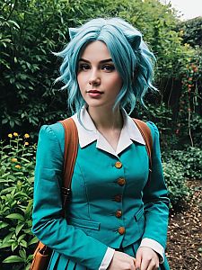 Realistic Woman Cosplaying as Levy McGarden in Outdoor Garden Setting