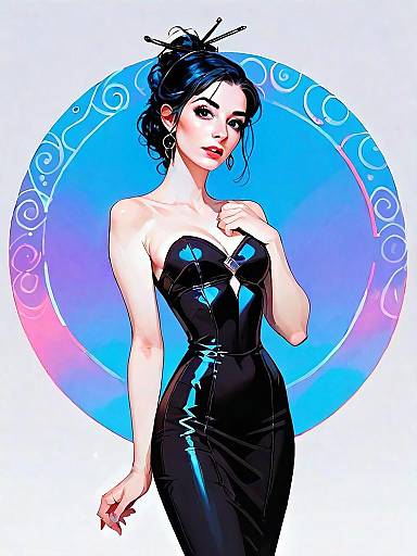 Realistic Comic Style Woman in Black Dress Minimalist Digital Illustration