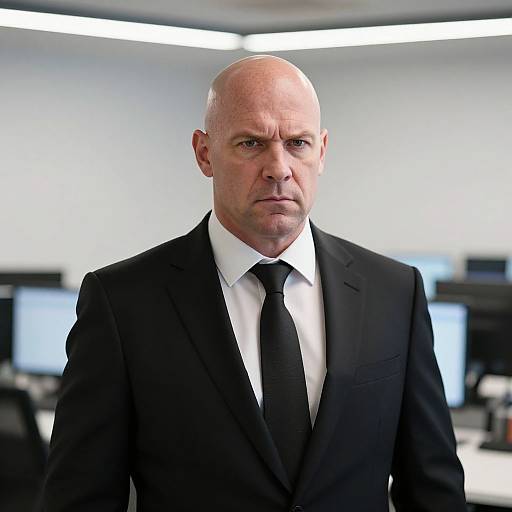 Serious Bald Man in Black Suit in Modern Office