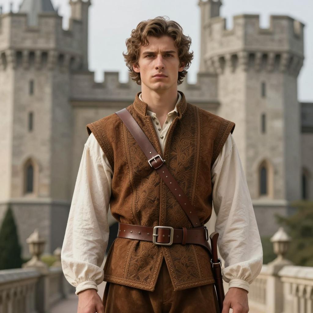 Medieval Young Man in Leather Vest Standing in Front of Castle