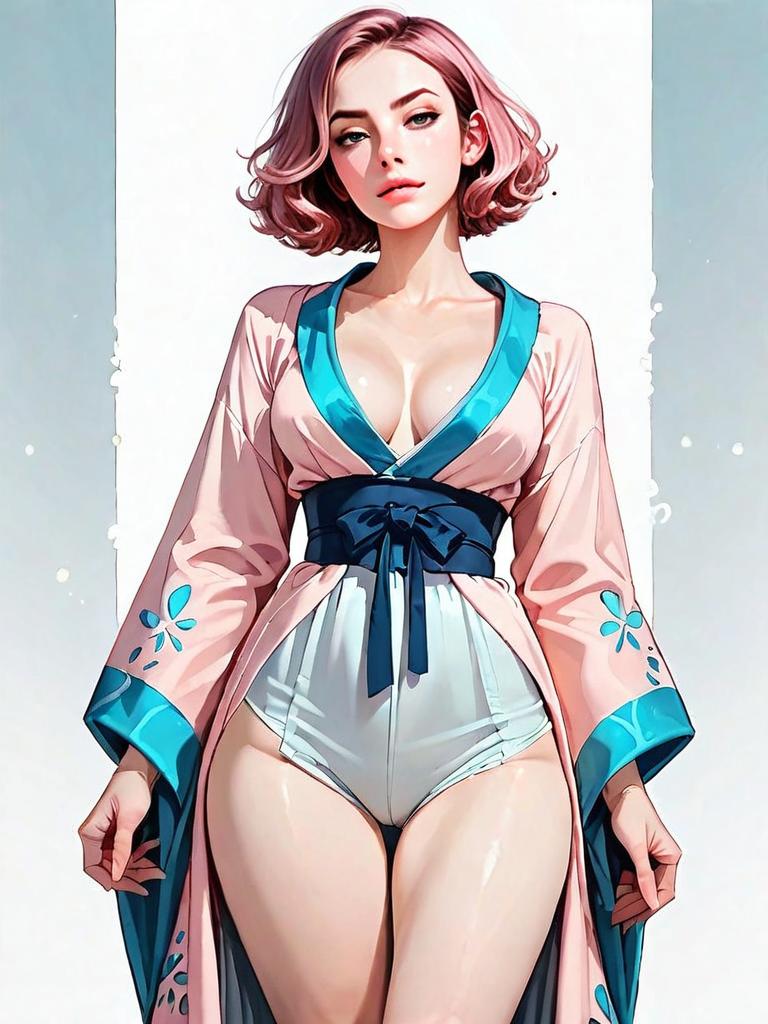 Realistic Digital Art of a Woman in Chic Pink Silk Robe with Turquoise Trim