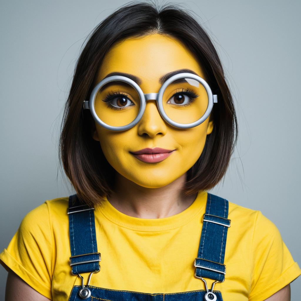 Portrait of Woman with Yellow Face Paint and Round Glasses in Denim Overalls